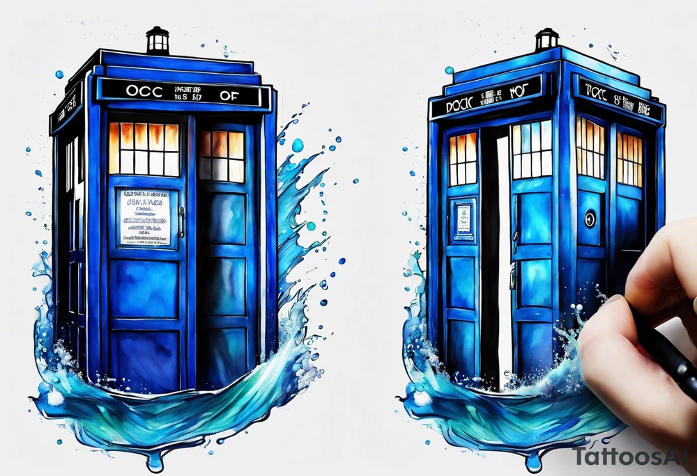 Doctor who tardis with water color coming out around the edges tattoo idea