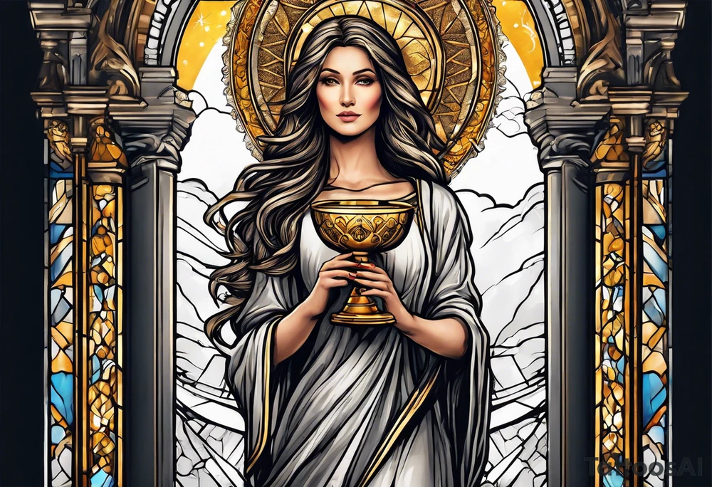 woman saint holding chalice surrounded by golden halo with a tower tattoo idea