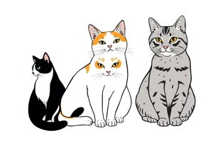 three cats, one black and white cat, one orange and white cat and one grey tabby cat tattoo idea