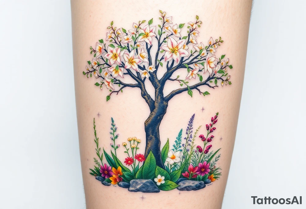 Lilly of the vally plants underneath a blooming hawthorn tree with other colorful plants on ground tattoo idea