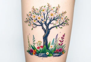 Lilly of the vally plants underneath a blooming hawthorn tree with other colorful plants on ground tattoo idea