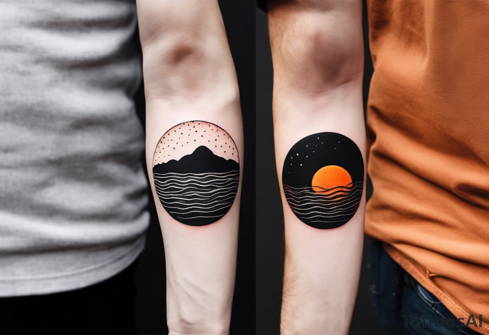 This is an extremely simple and minimalistic tattoo on male forearm. It is black and white with minuscule splashes of orange from the sun. The tattoo 4 inches wide by 2 inches tall. From the perspective of being on the ocean, Water is calm, with no waves in sight, the sun is setting behind the ocean, reflecting light onto the ocean. tattoo idea