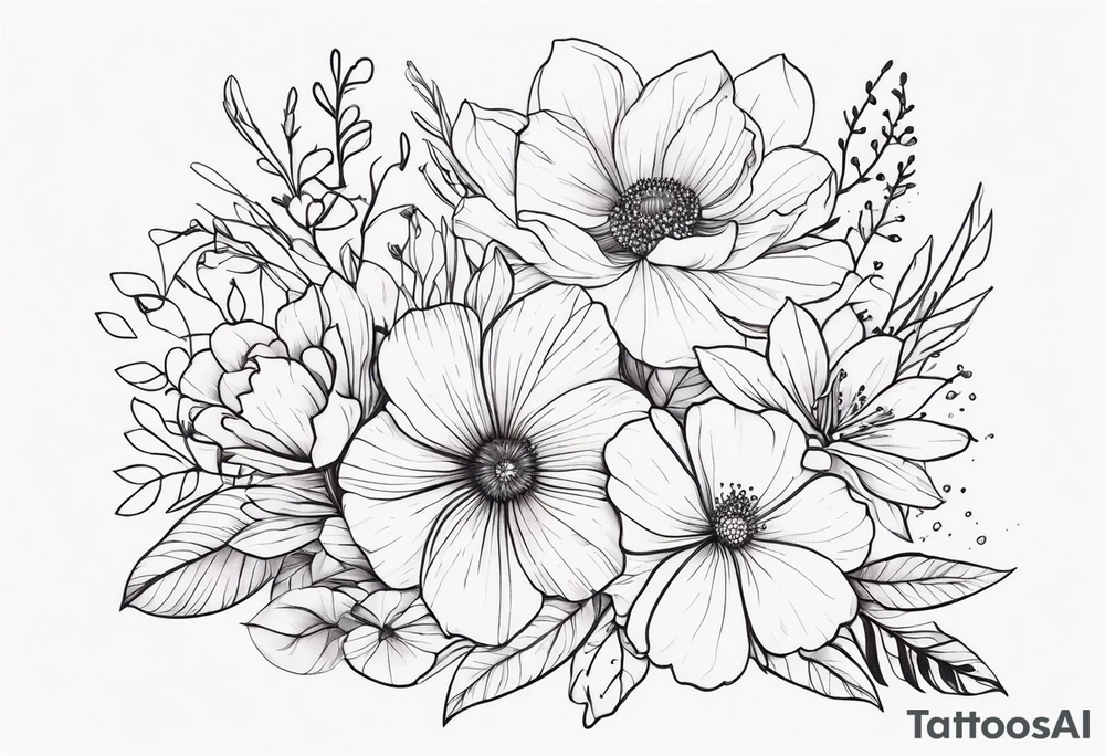fine line floral bouquet tattoo idea
