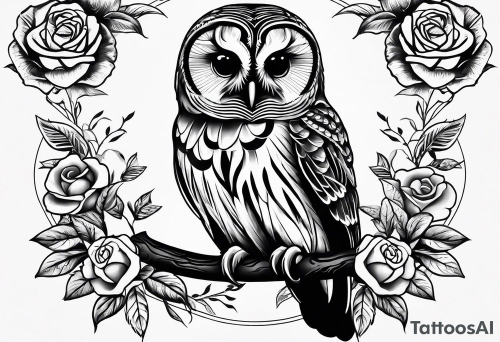 Barred owl and roses tattoo idea