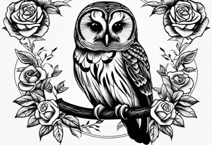 Barred owl and roses tattoo idea