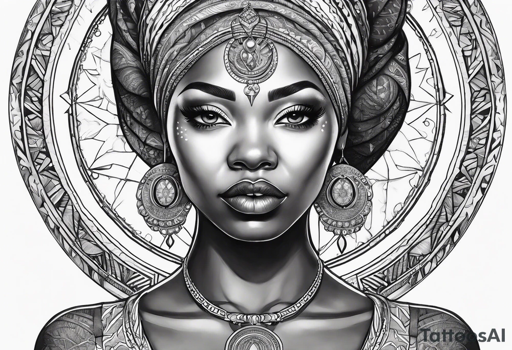 Black woman, enlightenment, wisdom, astronomy, cancer zodiac, natural tattoo idea