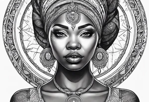 Black woman, enlightenment, wisdom, astronomy, cancer zodiac, natural tattoo idea