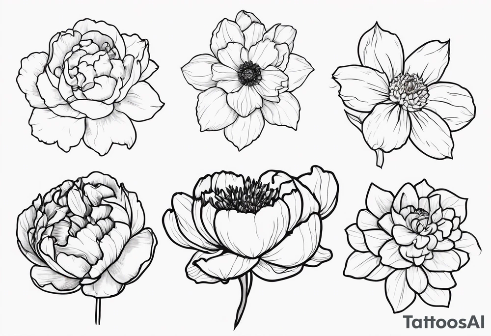 8 flowers peony, carnation, daffodil, daphne, dahlia, desiree, daisy and rose tattoo idea