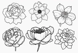 8 flowers peony, carnation, daffodil, daphne, dahlia, desiree, daisy and rose tattoo idea