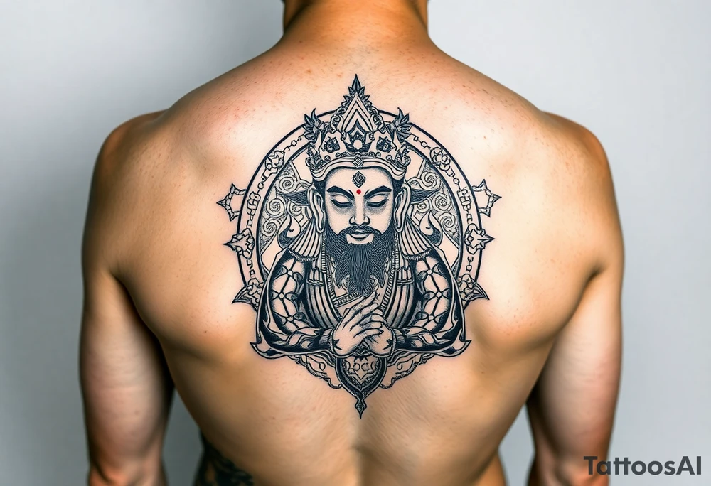 "Tibetan thangka tattoo but deity is a crypto wallet with QR face. Geometric patterns, black/red ink." tattoo idea
