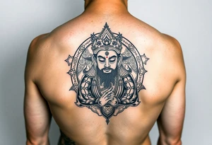 "Tibetan thangka tattoo but deity is a crypto wallet with QR face. Geometric patterns, black/red ink." tattoo idea
