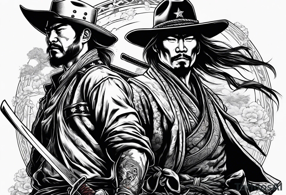 an American cowboy and a japanese samurai fighting each other in battle tattoo idea
