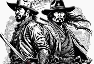 an American cowboy and a japanese samurai fighting each other in battle tattoo idea