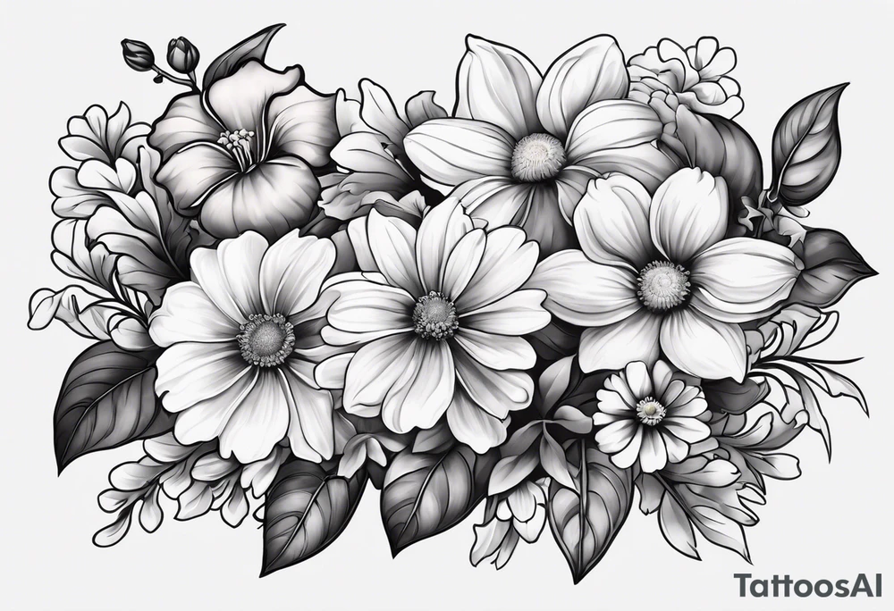 black and gray bunch of flowers with stems and leaves, three violets, one daffodil, five daisies, one rose, one morning glory, two marigolds, one chysanthemum with three of the daisies and the chrysanthemum at the center of the tattoo tattoo idea