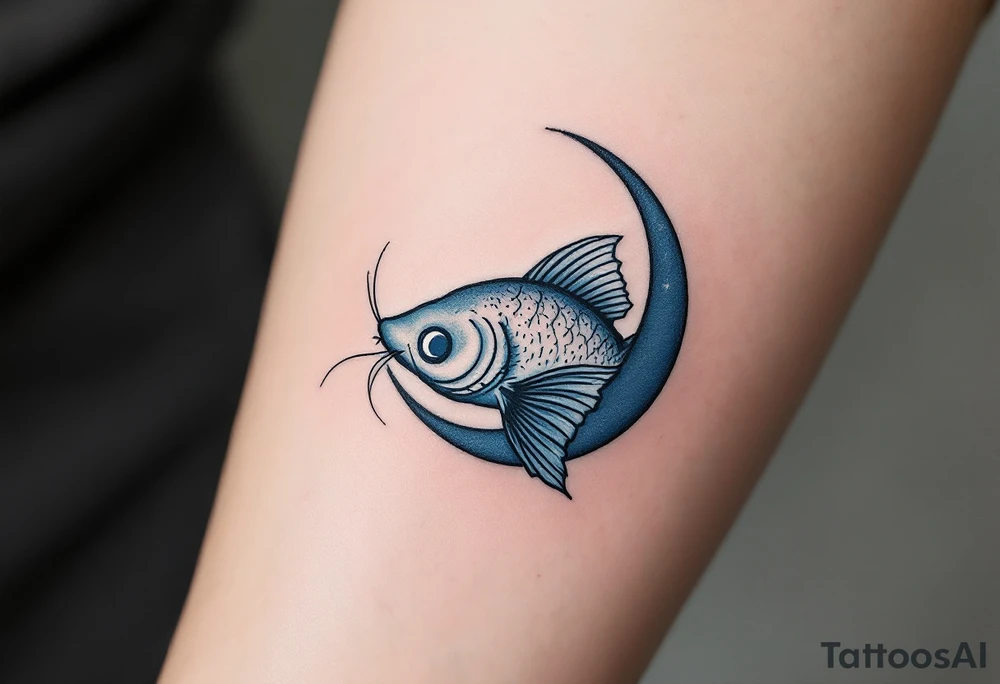 Catfish and Moon – A catfish in profile, colored smoky blue, with its whiskers curling around a crescent moon, giving a mystical, dreamlike tone. tattoo idea