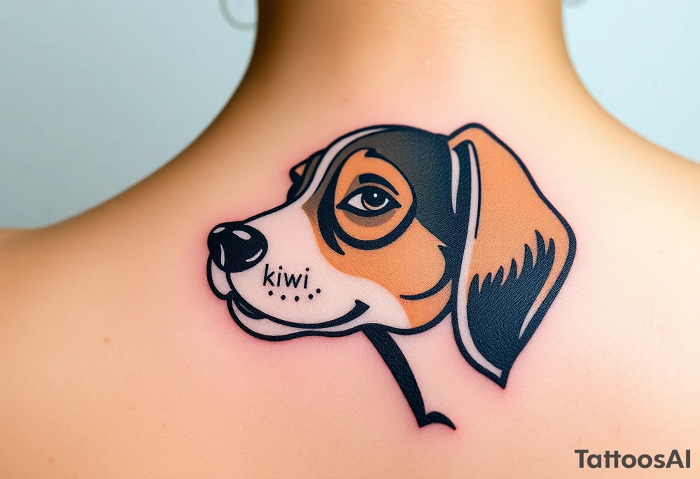 One line tattoo of female dog with white strip going up dog’s snout slightly off centered. With  the dogs tongue slightly out and the name kiwi and an Aquarius them to it . Just the colors black  white brown and green tattoo idea