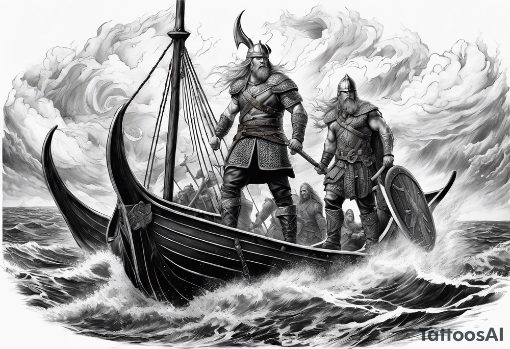 Norse mythology, ultra realism, Viking ships, war, battle, storm the beach, chaos, detailed tattoo idea