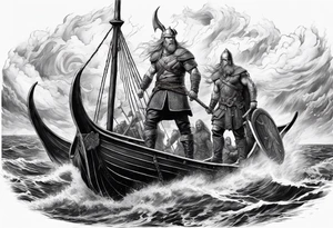Norse mythology, ultra realism, Viking ships,  war, battle, storm the beach,  chaos,  detailed tattoo idea