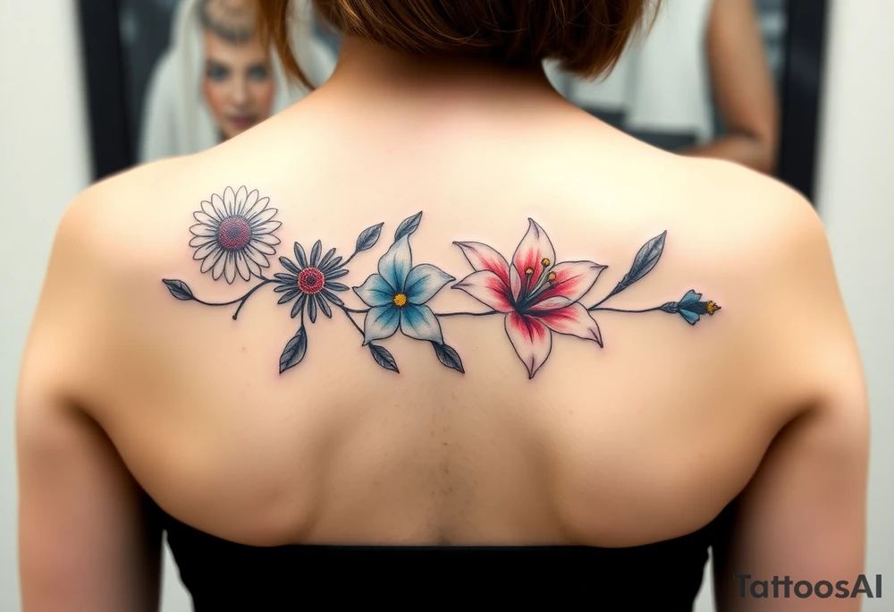 This tattoo is on a woman. It is a line of flowers connected by a single stem. It starts on her left pectoral with a Glaiolus and Daisy together, then the tatoo rises over the left shoulder and down the arm and ends at the elbow. The tattoo will include a primrose, Calla Lily, and a Lilly. It will be light on color except in the petals and has light shading to make it pop. tattoo idea