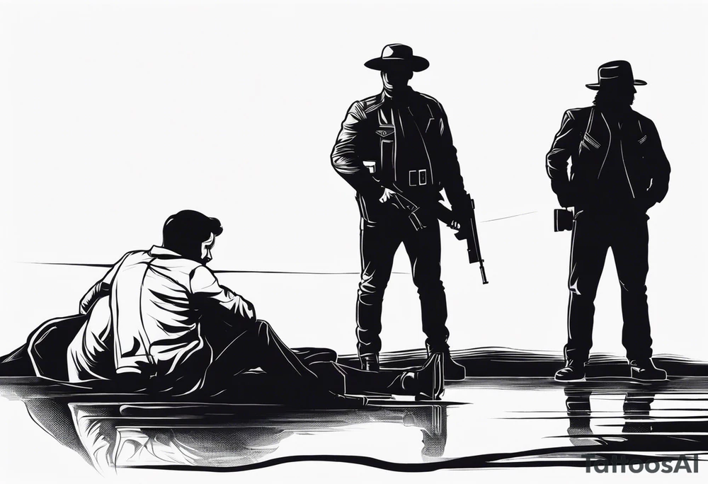 In the reflection of a eye two black siloets of people holding guns one man dead on the ground with a wounded woman standing behind him tattoo idea