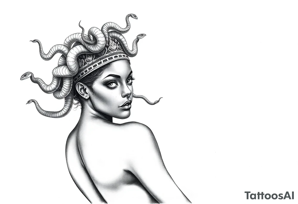 Beautiful Black woman who is looks like Medusa with varied size snakes coming out of her head and wrapping around a crown. She should be positioned as if she’s looking over her right shoulder at the viewer with a seductive but slightly threatening, piercing gaze. One large snake should encircle her and come upwards as if it’s crawling over my right shoulder to make its way down my right arm tattoo idea