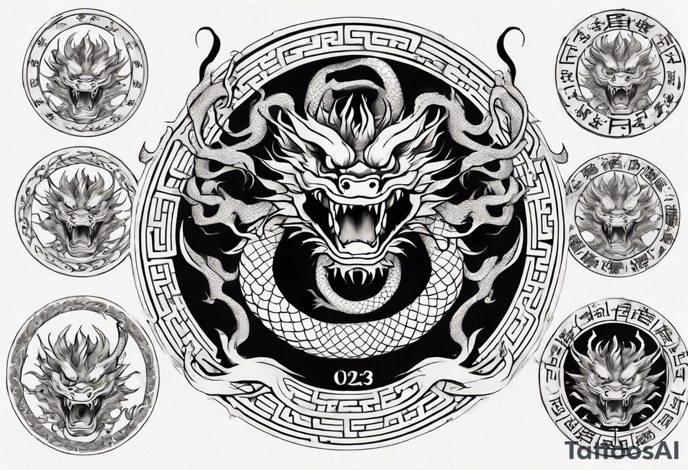 Chinese dragon in a circular shape with "02.03" written on its skin tattoo idea