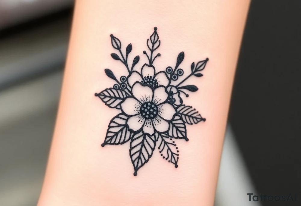 floral composition with japanese vibe, mutiple ornemental patern and leaf tattoo idea