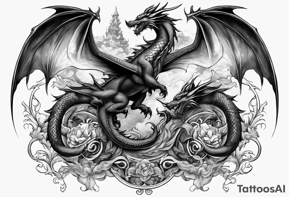 Family of five dragons with wings spread tattoo idea
