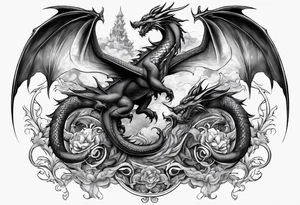 Family of five dragons with wings spread tattoo idea