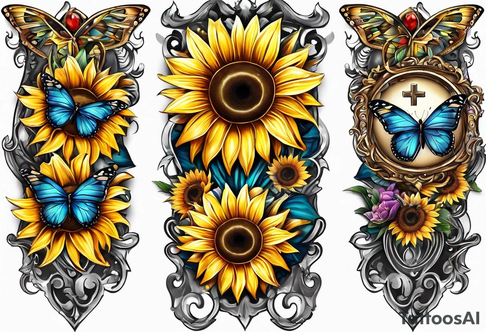 Arm sleeve with Winged cross with sunflower and butterflies tattoo idea