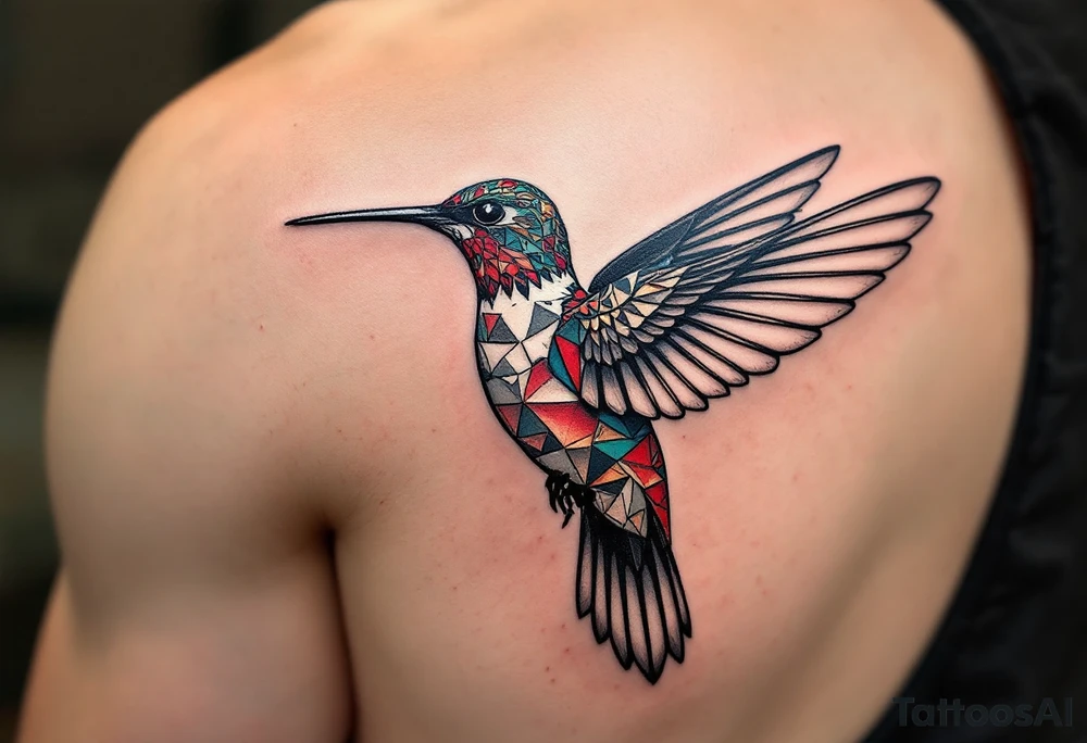 A hummingbird with one side appearing normal and the other side carved in Egyptian stone (red and black only) tattoo idea