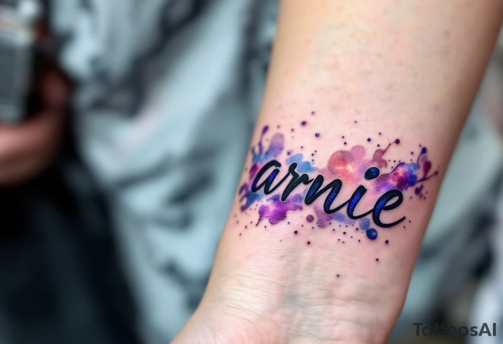 A galaxy-style tattoo with deep purples and blues, spelling out the son's name Arnie in nebula. tattoo idea
