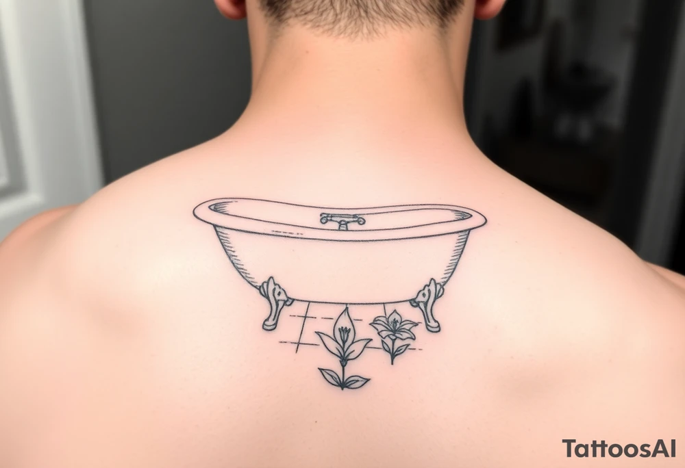 clawfoot bathtub with simple faucet and lily coming up out of the tile floor tattoo idea