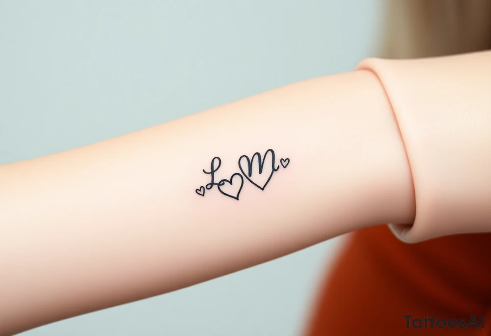wedding ring tattoo with initials L and M and hearts tattoo idea