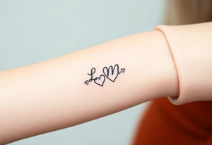 wedding ring tattoo with initials L and M and hearts tattoo idea
