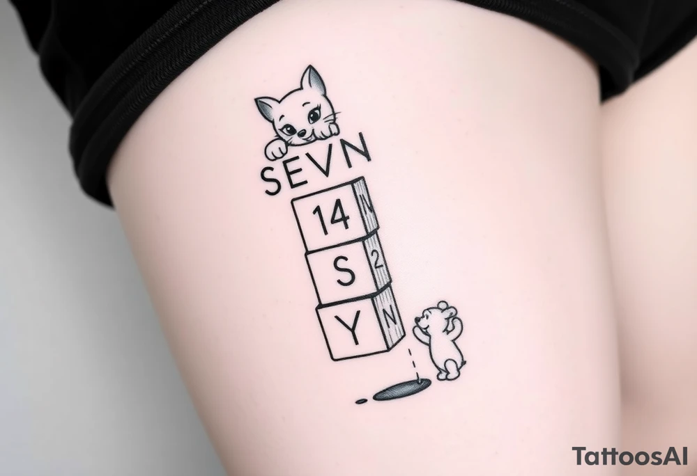 a thigh tattoo with alphabet blocks going down vertically but on the alphabet blocks, the name SEVYN is alternated on the sides of all five blocks and 07/14/25 is alternated on the sides of the blocks as well and on the top of the blocks Marie from the Aristocats peeking up looking showing her eyes, her bow on her head and her front pause and then on the bottom block then Winnie the Pooh standing on the ground, reaching up on the block for the honey that’s spilling off the side and on the left side not on the blocks to say 6 ounces 12 pounds 20 inches all lined up in a column going vertically starting with the 6 ounces 12 pounds and 20 inches in that order and then on the right side, not touching the blocks to say 3:51 AM. tattoo idea