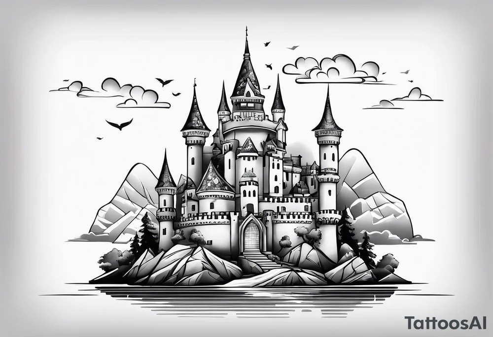 A castle floating above a crystal tattoo idea
