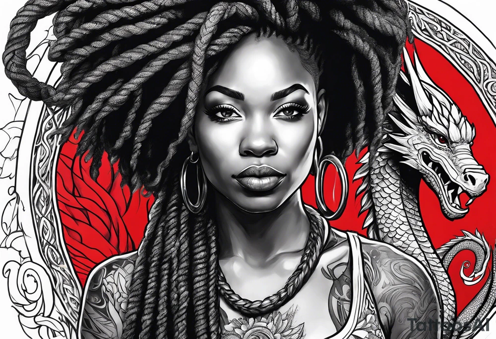 Black woman with locs and red dragon tattoo idea
