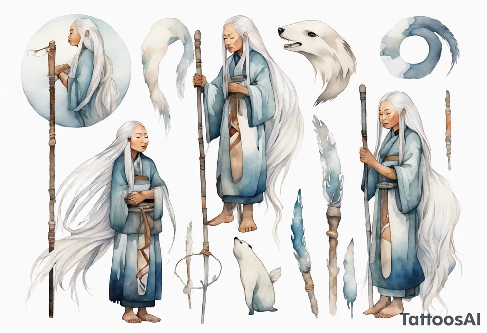 a solitary Inuit woman with long white hair holding onto a white staff tattoo idea