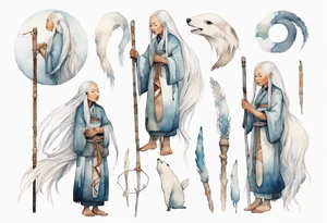 a solitary Inuit woman with long white hair holding onto a white staff tattoo idea
