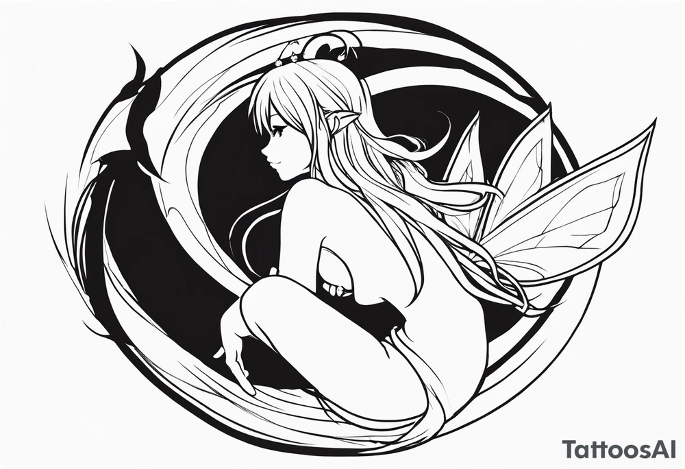 No color sketch of a fairy with a tail inspired by the guild symbol in the anime show called Fairy Tail in a fetal position leaning forward while crawled in hugging herself with hands a bit forward and her body is an angle while floating in the air tattoo idea