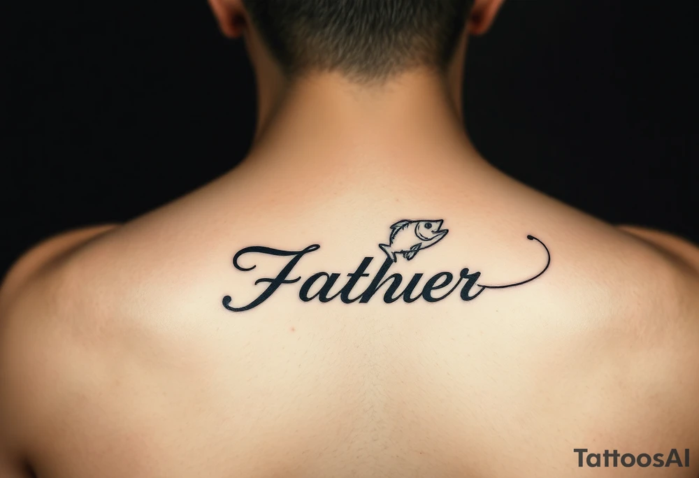 Memorial of father fishing with name in fishing line tattoo idea