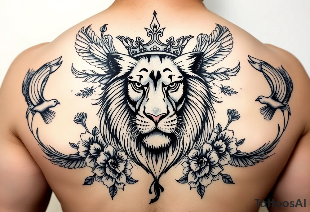 powerful majestic lion with a crown, surrounded by floral ornaments and birds tattoo idea