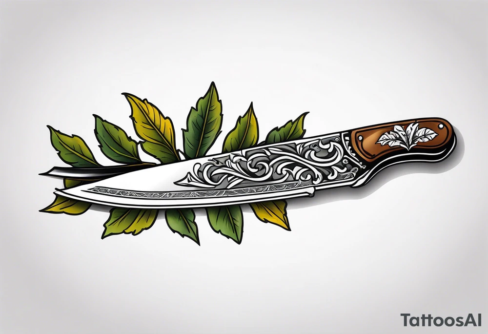 a straight razor lies on oak leaves tattoo idea