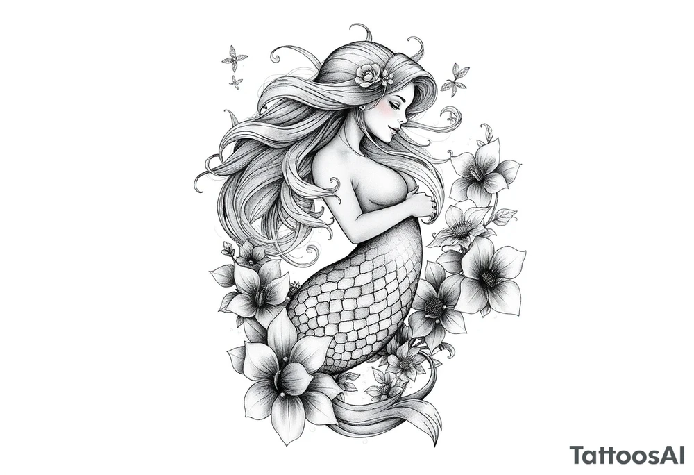 ethereal mermaid with flowing hair among coral and sea flowers tattoo idea
