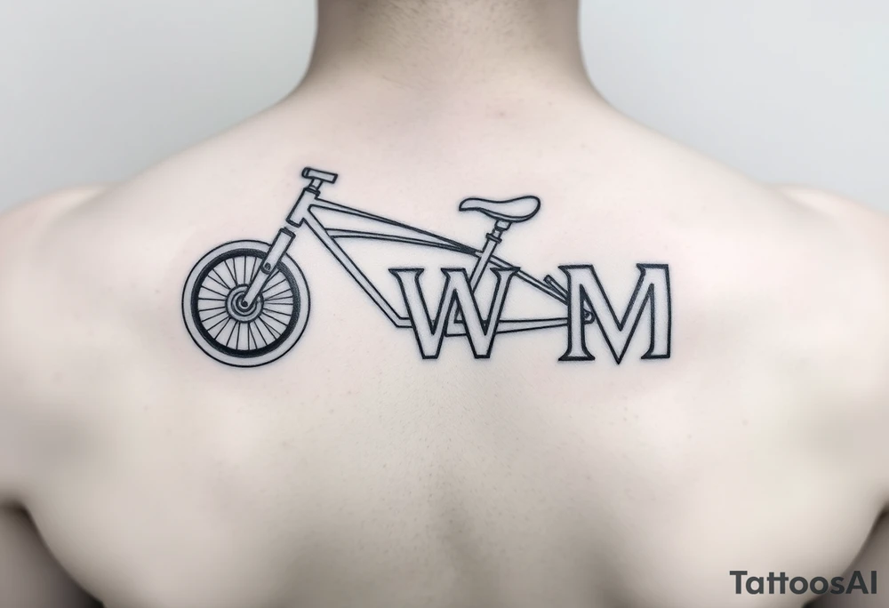 A stylized recumbent with integrated frame lettering spelling out JWM 4” long. tattoo idea