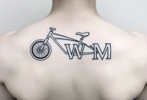A stylized recumbent with integrated frame lettering spelling out JWM 4” long. tattoo idea