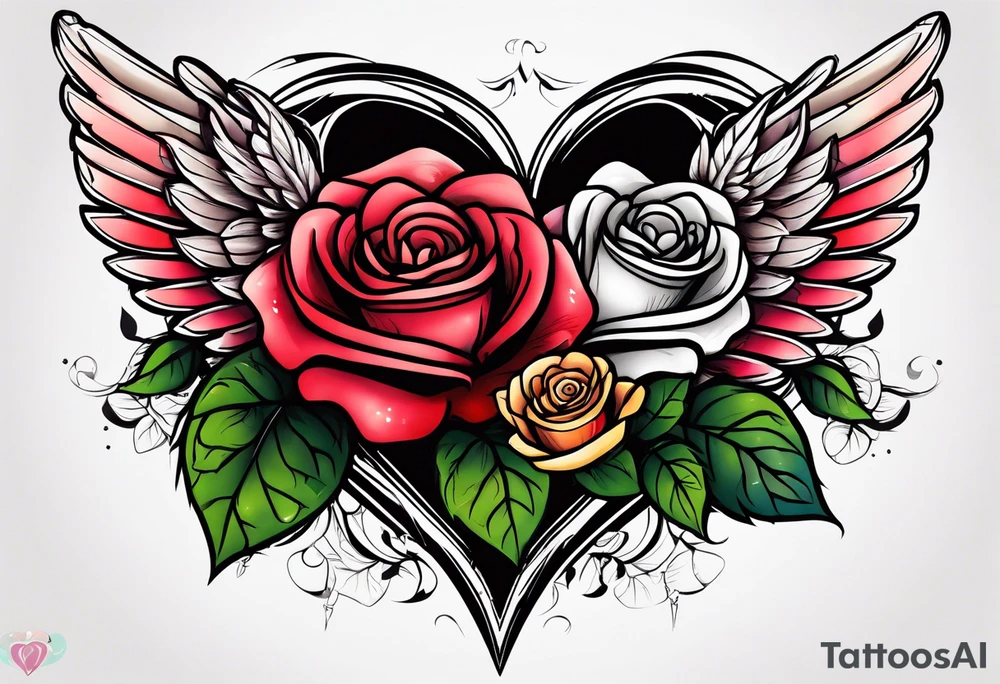 winged heart and roses tattoo idea