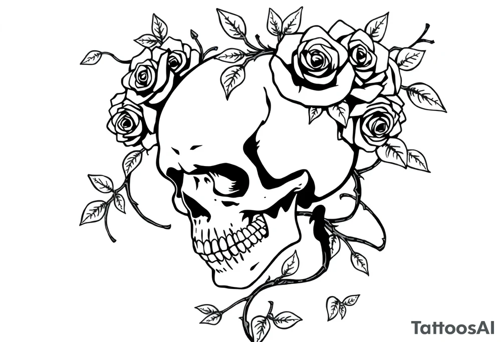 gothic skull intertwined with climbing roses and thorny vines simple weird odd surreal unreal abstract tattoo idea