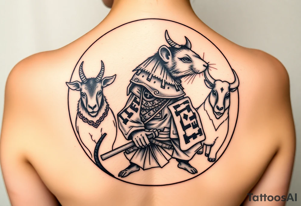 Japanese style tattoo with rat dressed as a Japanese samurai warrior. Surrounding the rat is a goat, dog, and ox all dressed up sumurai style. Whole tattoo fits within a round shape without circular border tattoo idea